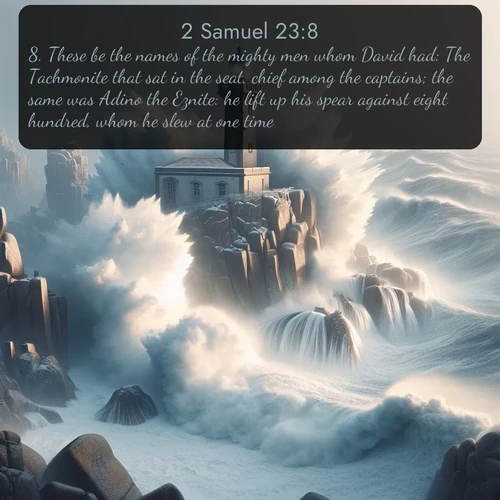 citation biblique : 8. These be the names of the mighty men whom David had: The Tachmonite that sat in the seat, chief among the captains; the same was Adino the Eznite: he lift up his spear against eight hundred, whom he slew at one time.
 sur fond image nature