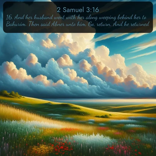 citation biblique : 16. And her husband went with her along weeping behind her to Bahurim. Then said Abner unto him, Go, return. And he returned.
 sur fond image nature