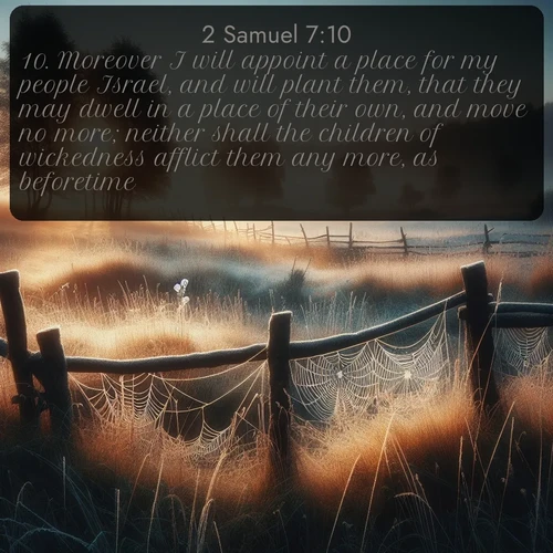 KJV 2 Samuel 7:10 overlaying nature image scene: Morning frost coats spider webs stretched between fence posts in a country meadow.;10. Moreover I will appoint a place for my people Israel, and will plant them, that they may dwell in a place of their own, and move no more; neither shall the children of wickedness afflict them any more, as beforetime,