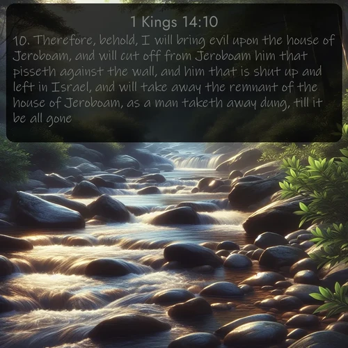 citation biblique : 10. Therefore, behold, I will bring evil upon the house of Jeroboam, and will cut off from Jeroboam him that pisseth against the wall, and him that is shut up and left in Israel, and will take away the remnant of the house of Jeroboam, as a man taketh away dung, till it be all gone.
 sur fond image nature