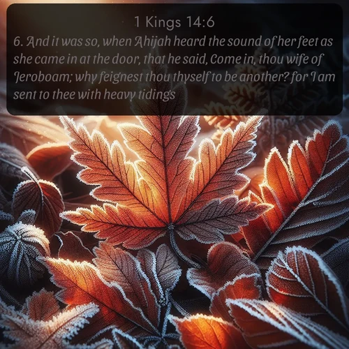 citation biblique : 6. And it was so, when Ahijah heard the sound of her feet as she came in at the door, that he said, Come in, thou wife of Jeroboam; why feignest thou thyself to be another? for I am sent to thee with heavy tidings.
 sur fond image nature
