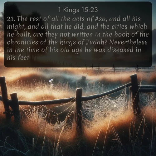 citation biblique : 23. The rest of all the acts of Asa, and all his might, and all that he did, and the cities which he built, are they not written in the book of the chronicles of the kings of Judah? Nevertheless in the time of his old age he was diseased in his feet.
 sur fond image nature