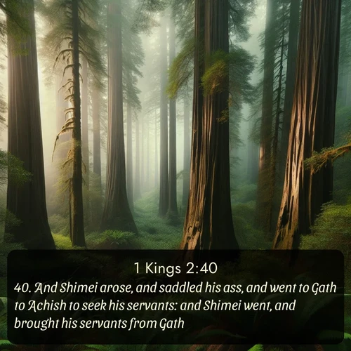 KJV 1 Kings  ; image nature: image with the bible verse :And Shimei arose, and saddled his ass, and went to Gath to Achish to seek his servants: and Shimei went, and brought his servants from Gath. ; Discover Bible images capturing the splendor of deserts, with golden dunes, vast skies, and peaceful oases. These landscapes highlight the grandeur and serenity of God&#039;s creation. Share verses like KJV 1 Kings 2:40. Current verse is overlayed with the thematic nature scene : Coastal redwoods disappear into the fog high above a fern grove. ; 2:40
