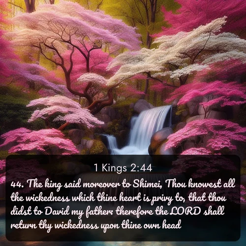 citation biblique : 44. The king said moreover to Shimei, Thou knowest all the wickedness which thine heart is privy to, that thou didst to David my father: therefore the LORD shall return thy wickedness upon thine own head;
 sur fond image nature