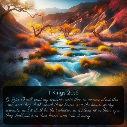 citation biblique : 6. Yet I will send my servants unto thee to morrow about this time, and they shall search thine house, and the houses of thy servants; and it shall be, that whatsoever is pleasant in thine eyes, they shall put it in their hand, and take it away.
 sur fond image nature