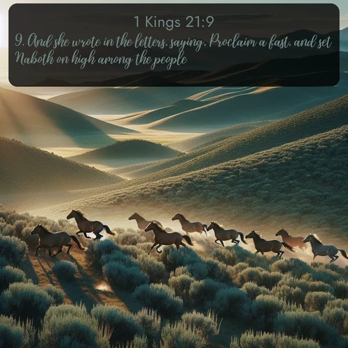 citation biblique : 9. And she wrote in the letters, saying, Proclaim a fast, and set Naboth on high among the people:
 sur fond image nature