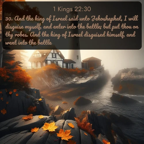 KJV 1 Kings  ; image nature: image with the bible verse :And the king of Israel said unto Jehoshaphat, I will disguise myself, and enter into the battle; but put thou on thy robes. And the king of Israel disguised himself, and went into the battle. ; Download inspiring Bible verse images featuring stunning natural vistas, from tropical islands to rolling hills. These free images make perfect wallpapers or gifts. Share verses like KJV 1 Kings 22:30. Current verse is overlayed with the thematic nature scene : Autumn fog shrouds a lighthouse on rocky shores. ; 22:30