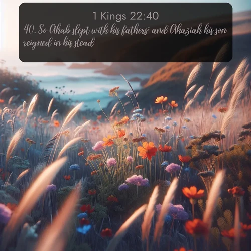 KJV 1 Kings  ; image nature: image with the bible verse :So Ahab slept with his fathers; and Ahaziah his son reigned in his stead. ; Admire stunning Bible verse images paired with photos of peaceful landscapes, such as foggy mornings, serene rivers, and blooming gardens. Download these free images and share verses like KJV 1 Kings 22:40. Current verse is overlayed with the thematic nature scene : Summer wildflowers wave in the breeze on coastal bluffs. ; 22:40