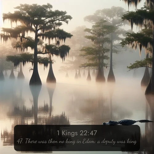 KJV 1 Kings  ; image nature: image with the bible verse :There was then no king in Edom: a deputy was king. ; Explore a spring collection of Bible images, with landscapes of green hills, wildflowers, and crystal-clear streams. These images symbolize the blossoming of God&#039;s creation. Download verses like KJV 1 Kings 22:47. Current verse is overlayed with the thematic nature scene : Morning fog clings to gnarled cypress trees in the swamp. An alligator glides silently through the dark water. ; 22:47