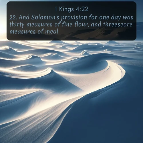 KJV 1 Kings  ; image nature: image with the bible verse :And Solomon&#039;s provision for one day was thirty measures of fine flour, and threescore measures of meal, ; Browse an inspiring gallery of Bible verse images with nature photos, such as blooming gardens, golden deserts, and shaded forests. The chosen images capture the peaceful and joyful essence of God&#039;s creation, with vibrant colors and harmonious fonts. Share verses like KJV 1 Kings 4:22. Current verse is overlayed with the thematic nature scene : Winter winds sculpt snow into graceful dunes across the tundra. ; 4:22
