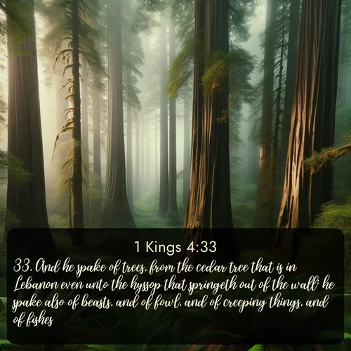 citation biblique : 33. And he spake of trees, from the cedar tree that is in Lebanon even unto the hyssop that springeth out of the wall: he spake also of beasts, and of fowl, and of creeping things, and of fishes.
 sur fond image nature