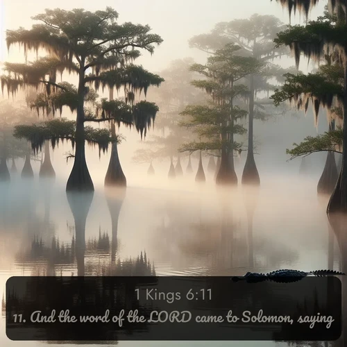 KJV 1 Kings  ; image nature: image with the bible verse :And the word of the LORD came to Solomon, saying, ; Explore Bible verse images highlighting the beauty of spring, with vibrant flowers, butterflies, and blossoming fruit trees. These scenes evoke divine hope and renewal. Download inspiring verses like KJV 1 Kings 6:11. Current verse is overlayed with the thematic nature scene : Morning fog clings to gnarled cypress trees in the swamp. An alligator glides silently through the dark water. ; 6:11