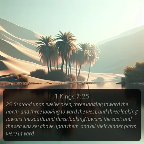 citation biblique : 25. It stood upon twelve oxen, three looking toward the north, and three looking toward the west, and three looking toward the south, and three looking toward the east: and the sea was set above upon them, and all their hinder parts were inward.
 sur fond image nature