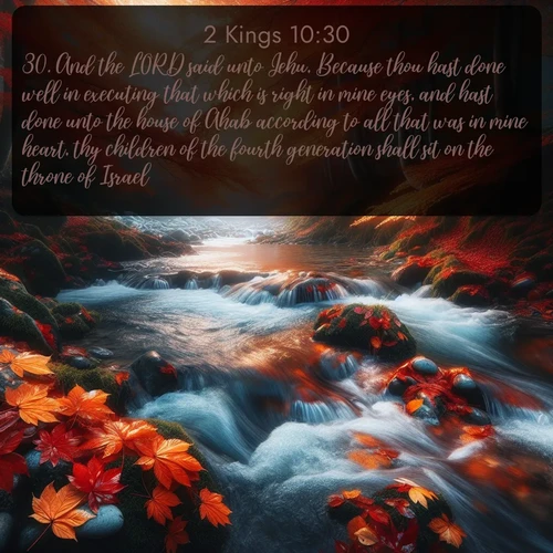 citation biblique : 30. And the LORD said unto Jehu, Because thou hast done well in executing that which is right in mine eyes, and hast done unto the house of Ahab according to all that was in mine heart, thy children of the fourth generation shall sit on the throne of Israel.
 sur fond image nature