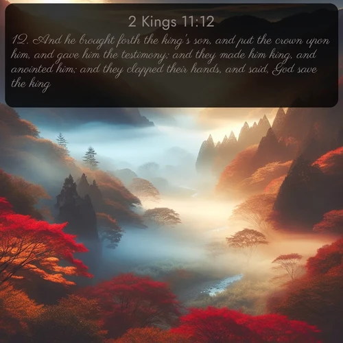 citation biblique : 12. And he brought forth the king&#039;s son, and put the crown upon him, and gave him the testimony; and they made him king, and anointed him; and they clapped their hands, and said, God save the king.
 sur fond image nature