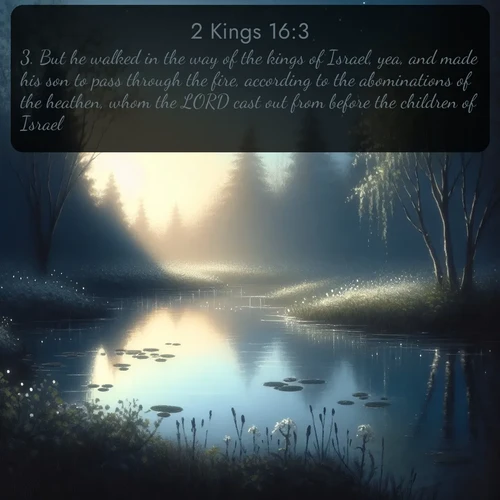 citation biblique : 3. But he walked in the way of the kings of Israel, yea, and made his son to pass through the fire, according to the abominations of the heathen, whom the LORD cast out from before the children of Israel.
 sur fond image nature