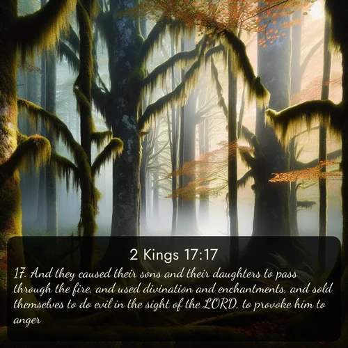 citation biblique : 17. And they caused their sons and their daughters to pass through the fire, and used divination and enchantments, and sold themselves to do evil in the sight of the LORD, to provoke him to anger.
 sur fond image nature