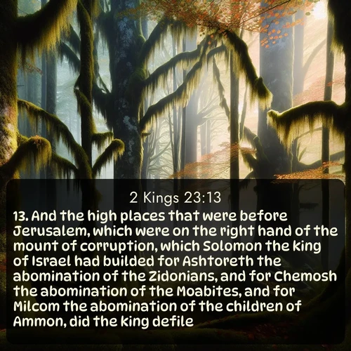 KJV 2 Kings  ; image nature: image with the bible verse :And the high places that were before Jerusalem, which were on the right hand of the mount of corruption, which Solomon the king of Israel had builded for Ashtoreth the abomination of the Zidonians, and for Chemosh the abomination of the Moabites, and for Milcom the abomination of the children of Ammon, did the king defile. ; Discover a gallery of Bible verse images showcasing the beauty of autumn, with golden leaves, red forests, and peaceful fields bathed in soft light. These soothing scenes are perfect for accompanying inspiring verses like KJV 2 Kings 23:13. Current verse is overlayed with the thematic nature scene : Autumn fog shrouds an old-growth forest draped in moss and lichen. ; 23:13