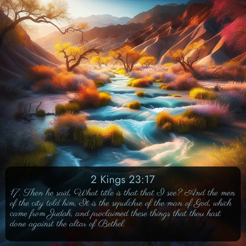 citation biblique : 17. Then he said, What title is that that I see? And the men of the city told him, It is the sepulchre of the man of God, which came from Judah, and proclaimed these things that thou hast done against the altar of Bethel.
 sur fond image nature
