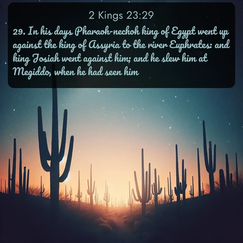 citation biblique : 29. In his days Pharaoh-nechoh king of Egypt went up against the king of Assyria to the river Euphrates: and king Josiah went against him; and he slew him at Megiddo, when he had seen him.
 sur fond image nature