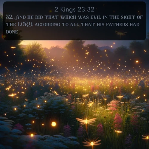 KJV 2 Kings  ; image nature: image with the bible verse :And he did that which was evil in the sight of the LORD, according to all that his fathers had done. ; Admire Bible verse images capturing the beauty of beaches, with turquoise waters, palm trees, and peaceful shores. These soothing scenes reflect God&#039;s serenity and majesty. Download and share verses like KJV 2 Kings 23:32. Current verse is overlayed with the thematic nature scene : Fireflies dance above a spring meadow filled with singing crickets. ; 23:32