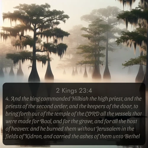 citation biblique : 4. And the king commanded Hilkiah the high priest, and the priests of the second order, and the keepers of the door, to bring forth out of the temple of the LORD all the vessels that were made for Baal, and for the grove, and for all the host of heaven: and he burned them without Jerusalem in the fields of Kidron, and carried the ashes of them unto Bethel.
 sur fond image nature