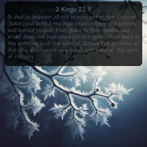 citation biblique : 8. And he brought all the priests out of the cities of Judah, and defiled the high places where the priests had burned incense, from Geba to Beer-sheba, and brake down the high places of the gates that were in the entering in of the gate of Joshua the governor of the city, which were on a man&#039;s left hand at the gate of the city.
 sur fond image nature