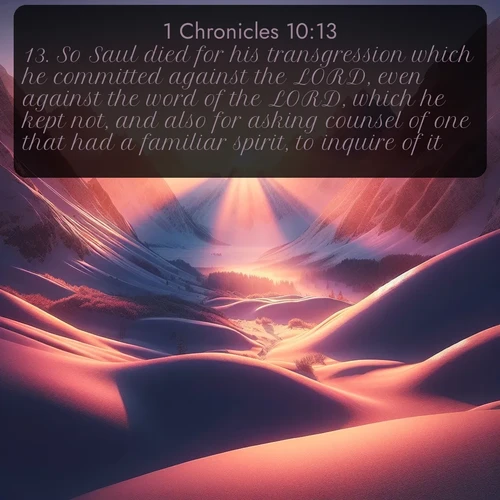 citation biblique : 13. So Saul died for his transgression which he committed against the LORD, even against the word of the LORD, which he kept not, and also for asking counsel of one that had a familiar spirit, to inquire of it;
 sur fond image nature