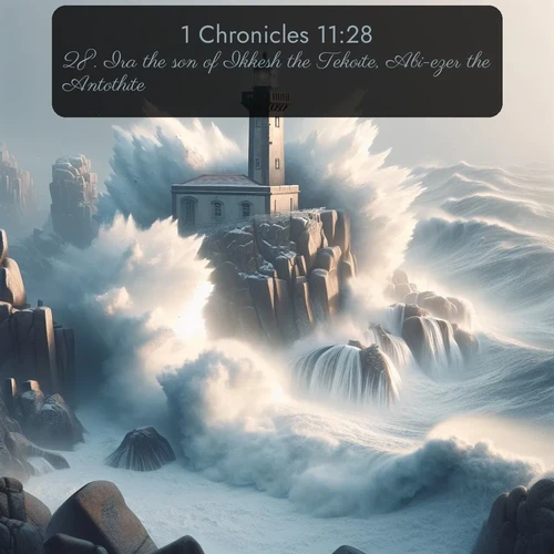 citation biblique : 28. Ira the son of Ikkesh the Tekoite, Abi-ezer the Antothite,
 sur fond image nature