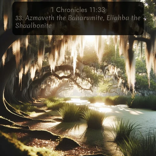 citation biblique : 33. Azmaveth the Baharumite, Eliahba the Shaalbonite,
 sur fond image nature