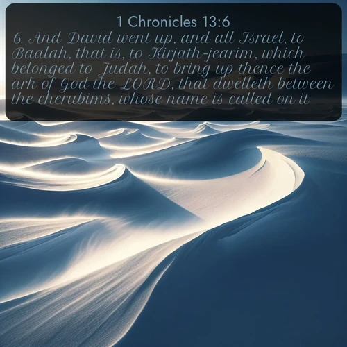 citation biblique : 6. And David went up, and all Israel, to Baalah, that is, to Kirjath-jearim, which belonged to Judah, to bring up thence the ark of God the LORD, that dwelleth between the cherubims, whose name is called on it.
 sur fond image nature
