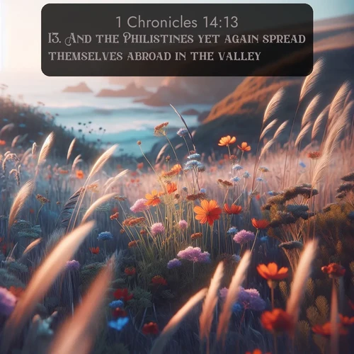 citation biblique : 13. And the Philistines yet again spread themselves abroad in the valley.
 sur fond image nature