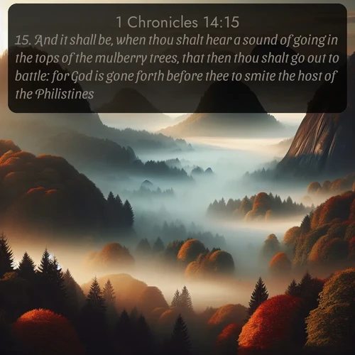 citation biblique : 15. And it shall be, when thou shalt hear a sound of going in the tops of the mulberry trees, that then thou shalt go out to battle: for God is gone forth before thee to smite the host of the Philistines.
 sur fond image nature