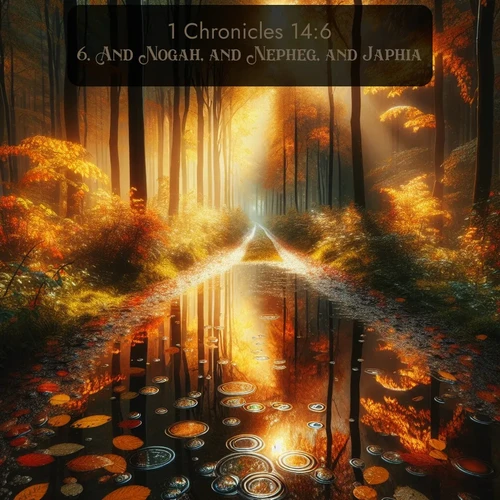 KJV 1 Chronicles  ; image nature: image with the bible verse :And Nogah, and Nepheg, and Japhia, ; Discover a gallery of Bible verse images showcasing the beauty of autumn, with golden leaves, red forests, and peaceful fields bathed in soft light. These soothing scenes are perfect for accompanying inspiring verses like KJV 1 Chronicles 14:6. Current verse is overlayed with the thematic nature scene : Autumn colors reflect in rain puddles on a forest path. ; 14:6