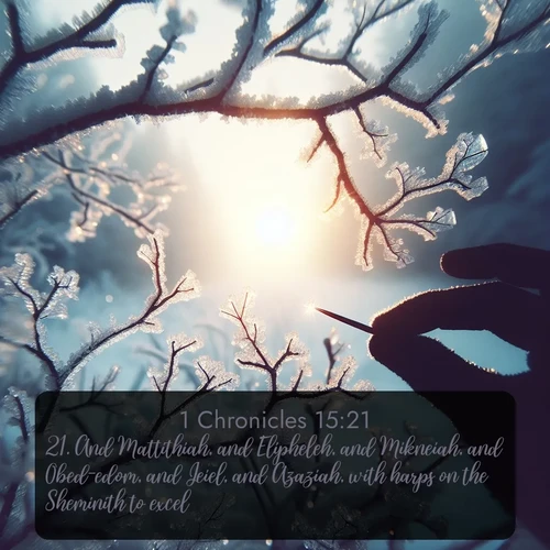 citation biblique : 21. And Mattithiah, and Elipheleh, and Mikneiah, and Obed-edom, and Jeiel, and Azaziah, with harps on the Sheminith to excel.
 sur fond image nature