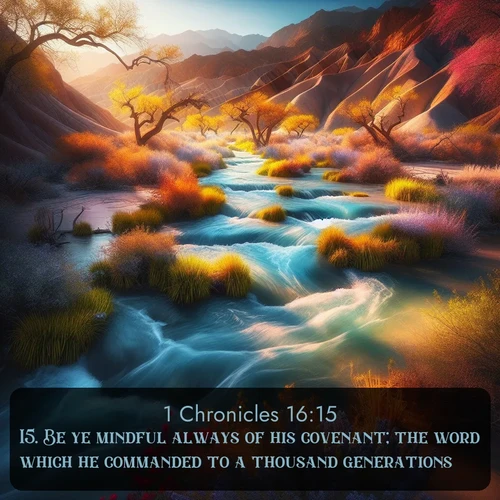 citation biblique : 15. Be ye mindful always of his covenant; the word which he commanded to a thousand generations;
 sur fond image nature