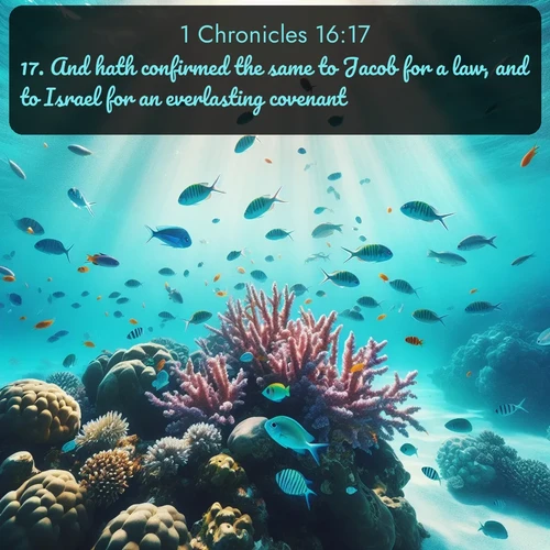 KJV 1 Chronicles  ; image nature: image with the bible verse :And hath confirmed the same to Jacob for a law, and to Israel for an everlasting covenant, ; Explore a gallery of beautiful Bible verse images with tranquil natural settings—perfect for phone backgrounds or inspirational posts. Download your favorite verses like KJV 1 Chronicles 16:17 today. Current verse is overlayed with the thematic nature scene : Tropical fish dart through coral reefs in crystal-clear waters. ; 16:17