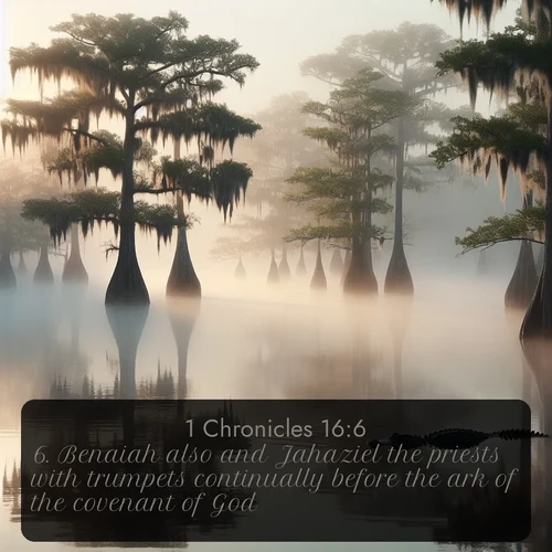 KJV 1 Chronicles  ; image nature: image with the bible verse :Benaiah also and Jahaziel the priests with trumpets continually before the ark of the covenant of God. ; Dive into our collection of Bible verses paired with coastal scenes, featuring calming waves, infinite beaches, and reflections of the sun on the water. These images evoke the peace and beauty of God. Share verses like KJV 1 Chronicles 16:6. Current verse is overlayed with the thematic nature scene : Morning fog clings to gnarled cypress trees in the swamp. An alligator glides silently through the dark water. ; 16:6