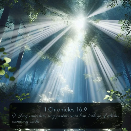 KJV 1 Chronicles  ; image nature: image with the bible verse :Sing unto him, sing psalms unto him, talk ye of all his wondrous works. ; Dive into a gallery of Bible verses illustrated by tropical beach scenes, featuring sparkling waves, seashells, and radiant sunrises. These images evoke divine peace and joy. Download and share inspiring verses like KJV 1 Chronicles 16:9. Current verse is overlayed with the thematic nature scene : Summer light filters through forest canopy like stained glass. ; 16:9