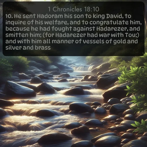citation biblique : 10. He sent Hadoram his son to king David, to inquire of his welfare, and to congratulate him, because he had fought against Hadarezer, and smitten him; (for Hadarezer had war with Tou;) and with him all manner of vessels of gold and silver and brass.
 sur fond image nature