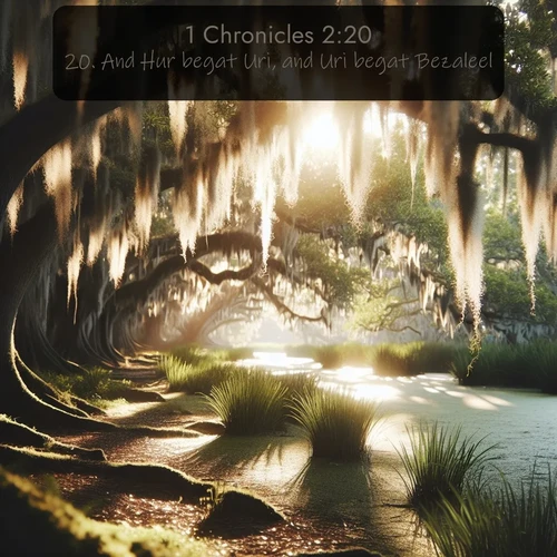 KJV 1 Chronicles  ; image nature: image with the bible verse :And Hur begat Uri, and Uri begat Bezaleel. ; Download inspiring Bible verse images featuring stunning natural vistas, from tropical islands to rolling hills. These free images make perfect wallpapers or gifts. Share verses like KJV 1 Chronicles 2:20. Current verse is overlayed with the thematic nature scene : Summer afternoon light filters through Spanish moss in a bayou. ; 2:20