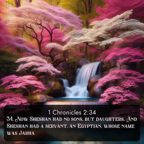 KJV 1 Chronicles  ; image nature: image with the bible verse :Now Sheshan had no sons, but daughters. And Sheshan had a servant, an Egyptian, whose name was Jarha. ; Browse a large collection of Bible verse images with photos showcasing the splendor of nature. Scenes of peaceful rivers, verdant valleys, and radiant skies enhance the inspiring verses. Each image reflects the serenity and joy of God&#039;s creation, with elegant text fonts. Download and share verses such as KJV 1 Chronicles 2:34. Current verse is overlayed with the thematic nature scene : A spring cascade plunges into a pool surrounded by flowering dogwood. ; 2:34