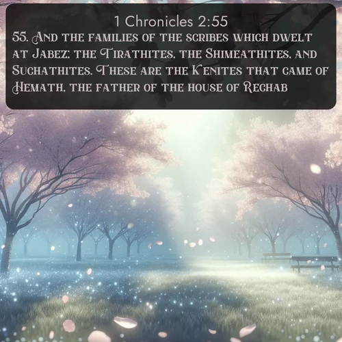 KJV 1 Chronicles  ; image nature: image with the bible verse :And the families of the scribes which dwelt at Jabez; the Tirathites, the Shimeathites, and Suchathites. These are the Kenites that came of Hemath, the father of the house of Rechab. ; Explore beautiful Bible verse images paired with serene natural settings, such as calm seas, snowy paths, and verdant hills. Each image is free to download for your spiritual inspiration. Share KJV 1 Chronicles 2:55. Current verse is overlayed with the thematic nature scene : Spring rain falls on cherry trees in full bloom, petals drifting like snow. ; 2:55
