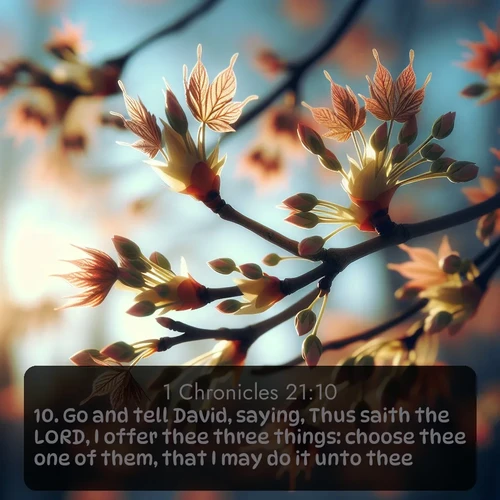 citation biblique : 10. Go and tell David, saying, Thus saith the LORD, I offer thee three things: choose thee one of them, that I may do it unto thee.
 sur fond image nature