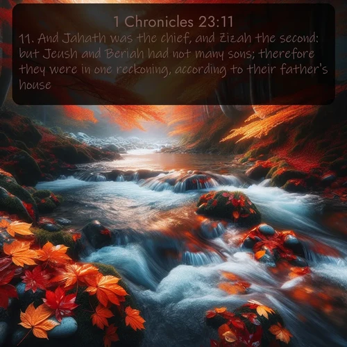 KJV 1 Chronicles  ; image nature: image with the bible verse :And Jahath was the chief, and Zizah the second: but Jeush and Beriah had not many sons; therefore they were in one reckoning, according to their father&#039;s house. ; Admire our gallery of Bible verse images showcasing divine beauty in nature—whether snowy peaks or serene oceans. Each image is freely downloadable and perfect for personal or spiritual use. Share verses like KJV 1 Chronicles 23:11. Current verse is overlayed with the thematic nature scene : Autumn leaves swirl in eddies along a mountain stream. ; 23:11