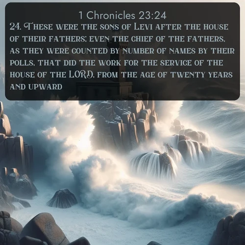 citation biblique : 24. These were the sons of Levi after the house of their fathers; even the chief of the fathers, as they were counted by number of names by their polls, that did the work for the service of the house of the LORD, from the age of twenty years and upward.
 sur fond image nature