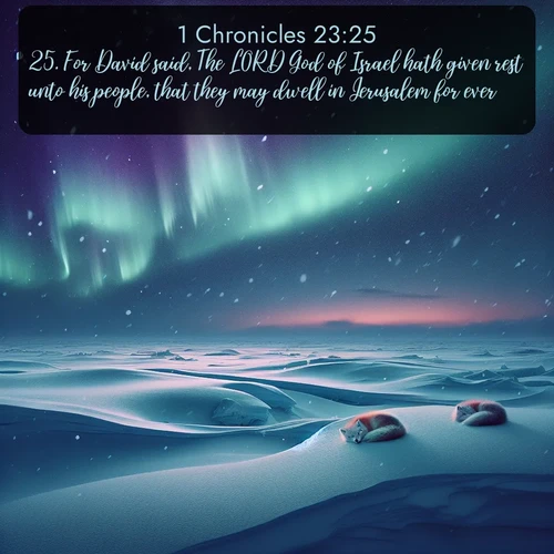 KJV 1 Chronicles  ; image nature: image with the bible verse :For David said, The LORD God of Israel hath given rest unto his people, that they may dwell in Jerusalem for ever: ; Explore beautiful Bible verse images paired with serene natural settings, such as calm seas, snowy paths, and verdant hills. Each image is free to download for your spiritual inspiration. Share KJV 1 Chronicles 23:25. Current verse is overlayed with the thematic nature scene : Northern lights dance across the frozen tundra in ribbons of green and purple. Snow falls silently on sleeping arctic foxes. ; 23:25