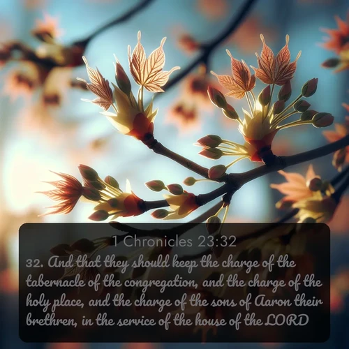 citation biblique : 32. And that they should keep the charge of the tabernacle of the congregation, and the charge of the holy place, and the charge of the sons of Aaron their brethren, in the service of the house of the LORD.
 sur fond image nature