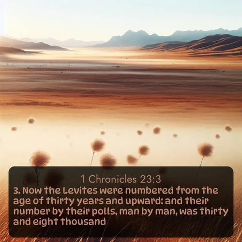 KJV 1 Chronicles  ; image nature: image with the bible verse :Now the Levites were numbered from the age of thirty years and upward: and their number by their polls, man by man, was thirty and eight thousand. ; Discover Bible images illustrated by desert landscapes, like sand dunes, majestic rocks, and starry skies. These images symbolize the grandeur and immensity of God&#039;s creation. Download verses like KJV 1 Chronicles 23:3. Current verse is overlayed with the thematic nature scene : Autumn wind sends tumbleweeds dancing across the prairie. ; 23:3
