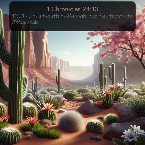 citation biblique : 13. The thirteenth to Huppah, the fourteenth to Jeshebeab,
 sur fond image nature